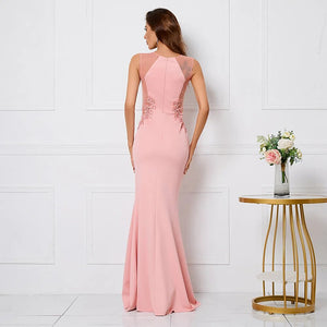 Pink Soft Satin See Through Appliques Beading Long Evening Elegant Party Maxi Dress Long Bridesmaid Dress