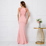 Pink Soft Satin See Through Appliques Beading Long Evening Elegant Party Maxi Dress Long Bridesmaid Dress
