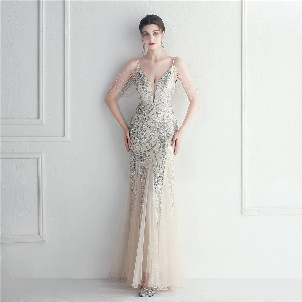 Women Purple Sequin Mesh Evening Dress Sexy Strap Beading Party Maxi Long Prom Dress