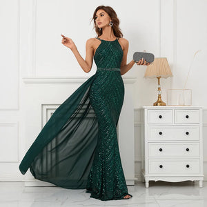 Sexy Green Sequin Evening Dress Party Maxi Dress With Detachable Chiffon Train Women Beading Long Prom Dress