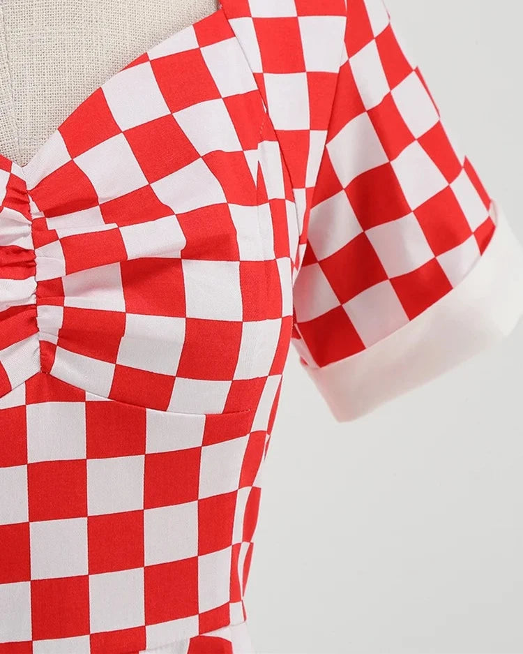 2024 Vintage Plaid Print Vintage Short Summer Casual Dress for Women Elegant V Neck A Line Swing Rockabilly Cocktail Party Dress
