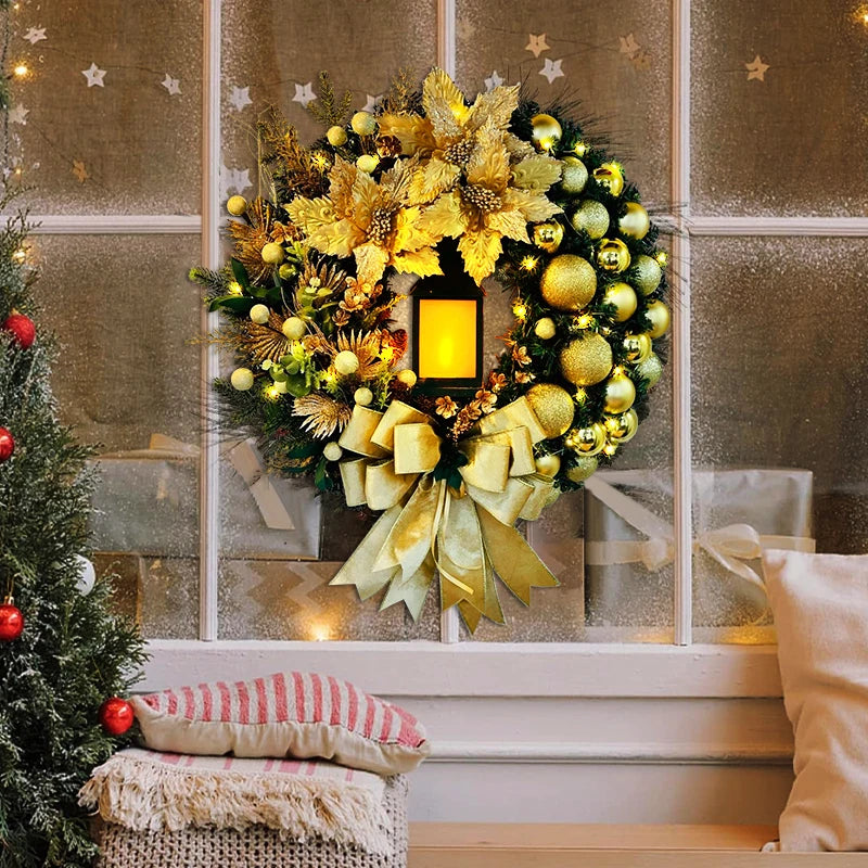 2024 Christmas Wreath With Flower Lamp Bow and Ball Festive Door Decoration Window Fireplace Wreath For Household Party Ornament