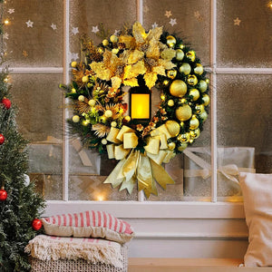 2024 Christmas Wreath With Flower Lamp Bow and Ball Festive Door Decoration Window Fireplace Wreath For Household Party Ornament
