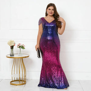 Plus Size Women Blue Red Sequin Beading Evening Dress Elegant V Neck Party Maxi Dress Long Prom Dress