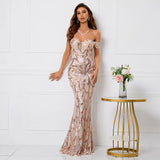 Women Elegant Party Maxi Dress Off Shoulder Gold Sequin Evening Dress Long Prom Dress