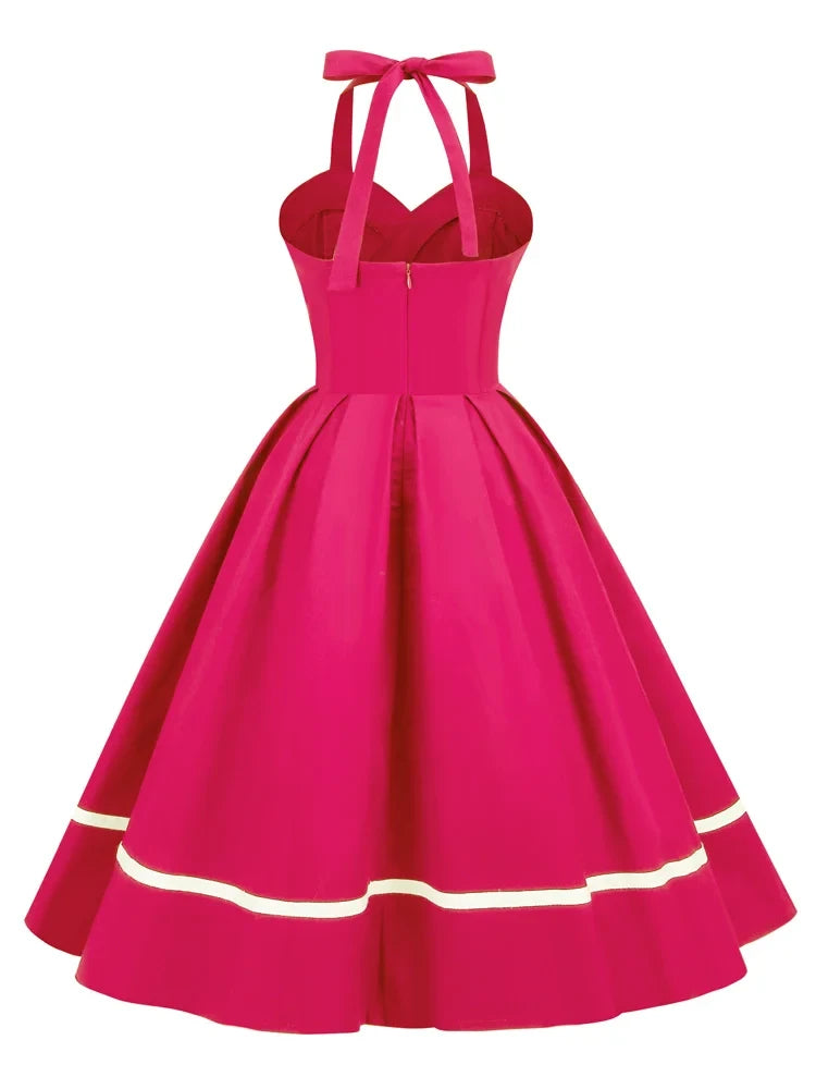 Sweetheart Neck Button Front 50s Pinup Robe Women Vintage Pleated Dress Backless Elegant Evening Party Cotton Dresses