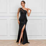 One Shoulder Slash Neck Beading Party Maxi Dress Women Sexy Slit Long Prom Dress Evening Dress