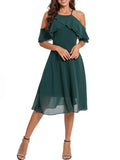2024 Solid Ruffle Chiffon Midi Short Bridesmaid Dress Green Hollowed Out Short Sleeve Elegant Office Casual Runway Summer Dress