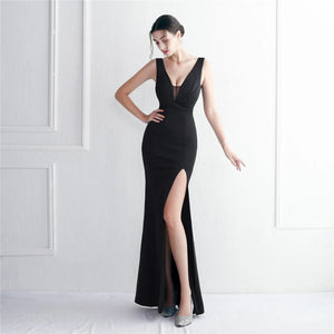 Candy Color Women Party Maxi Dress Black Soft Satin Sexy V Neck Evening Dress Long Bridesmaid Drress