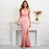 Women One Shoulder Simple Pleat Evening Dress Pink Celebrity Party Maxi Sexy Slash Neck Long Dress
