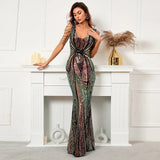 Women Deep V Neck Black Sequin Beading Evening Dress Sexy Party Maxi Dress Long Prom Dress