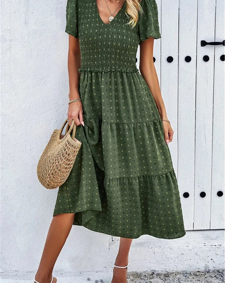 2024 Summer Solid Casual A Line Runway Dress for Women Elegent V Neck Vintage Style Female Office Swing Sundress