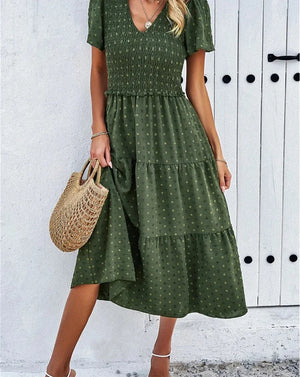 2024 Summer Solid Casual A Line Runway Dress for Women Elegent V Neck Vintage Style Female Office Swing Sundress