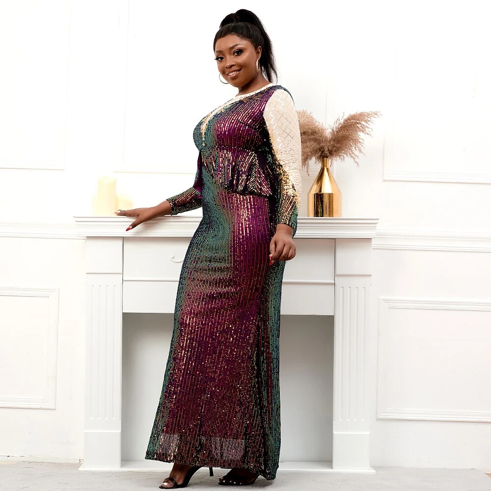 Plus Size Stretch Sequin Full Sleeve Vintage Mermaid Evening Night Long Party Maxi Dress
