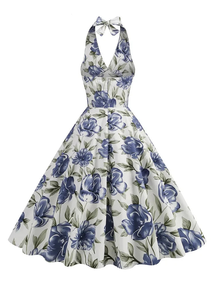 Floral Print 50s Party Retro Women High Waist Dresses Halter Neck Evening Wear Backless Halter Summer Cotton Dress