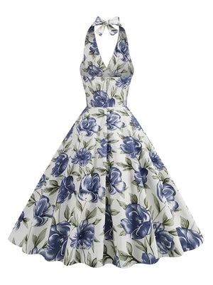 Floral Print 50s Party Retro Women High Waist Dresses Halter Neck Evening Wear Backless Halter Summer Cotton Dress