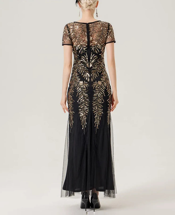 Vintage 1920s Style Evening Party Flapper Dress Women Banquet Cocktail Elegant Luxury Sequin Mesh Overlay Long Dresses