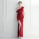 Slash Nech Feather Party Maxi Dress Women Sexy Slit Long Prom Evening Dress