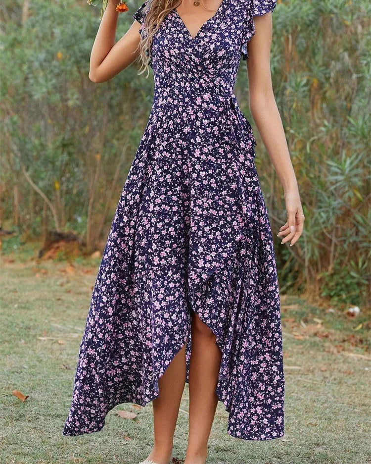 2024 Short Sleeve Summer Bohemian Swing Holiday Women's Dress High Split High Low Elegant Bandage Office Midi Long Party Dresses
