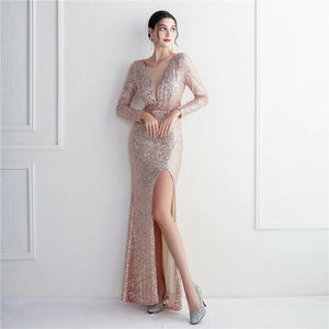 Sexy Slit Party Maxi Dress Gold Sequin Evening Dress Women Long Sleeve Prom Dress
