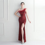 Sexy Slit Feater Black Evening Dress Women Slash Neck Sequin Party Maxi Dress Long Prom Dress