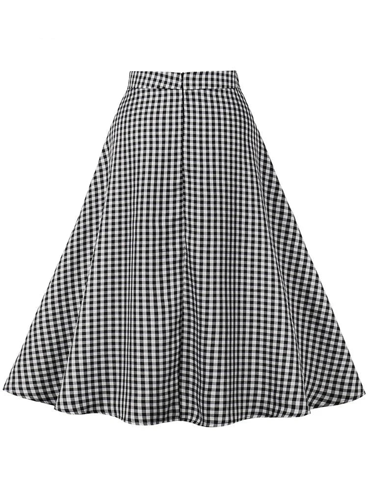 Black and White Plaid Double-Breasted Button Elegant Long Skirts for Women High Waist Midi Vintage A Line Skirt