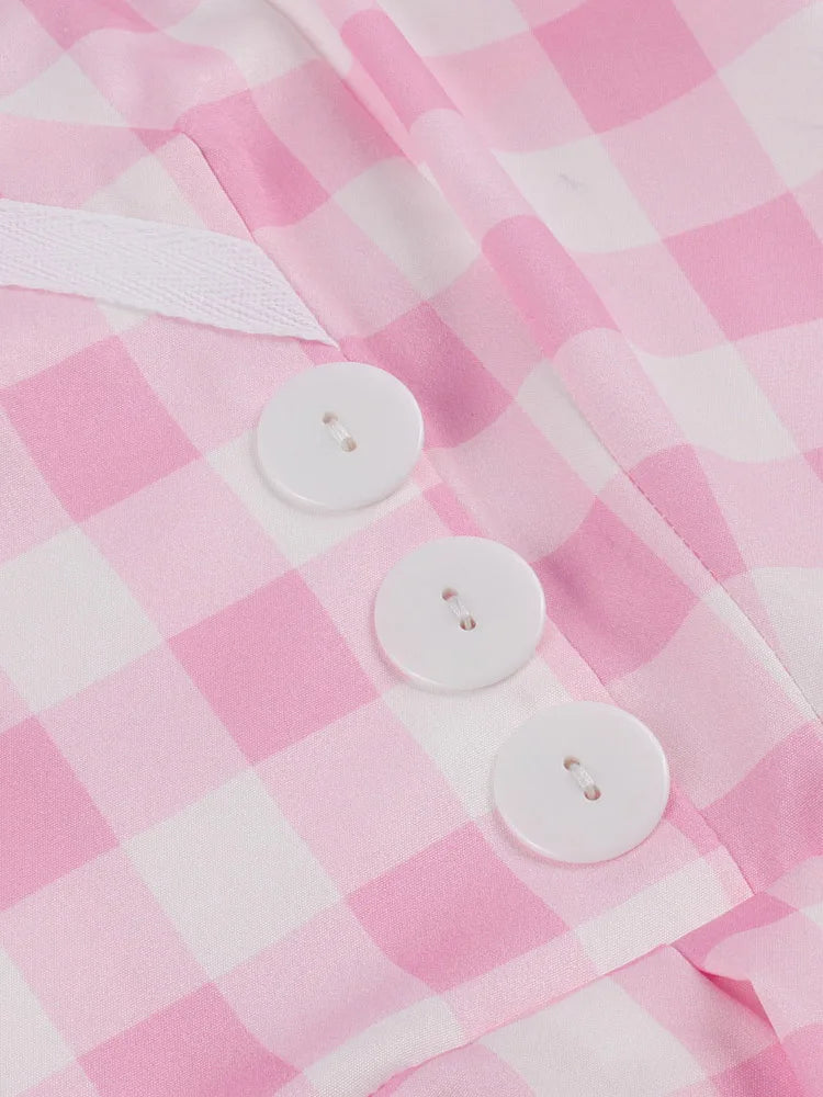 Tonval Pink Plaid Print Rockabilly Vintage Dress Prom Backless Party Women Halter Buttons Fit and Flare Pleated Dresses