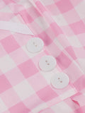 Tonval Pink Plaid Print Rockabilly Vintage Dress Prom Backless Party Women Halter Buttons Fit and Flare Pleated Dresses