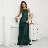 Sexy Green Sequin Evening Dress Party Maxi Dress With Detachable Chiffon Train Women Beading Long Prom Dress