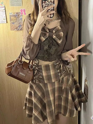 Hot Girl Plaid Set Bow Tie Crop Top Shirt Autumn Pleated Mini Fried Street Skirt Y2k Two Piece Set