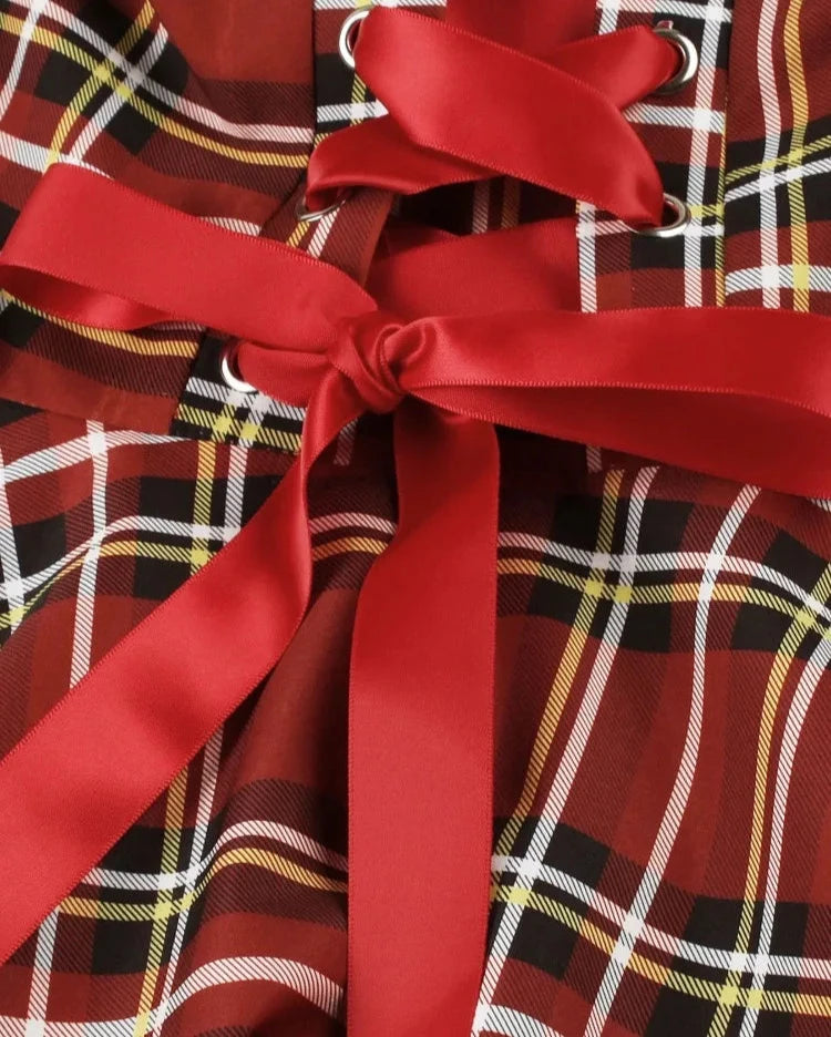 Red Plaid Print Sling Party Short Vintage Dress French Style 1950s Style Big Swing Pinup Runway Rockabilly Short Prom Dresses