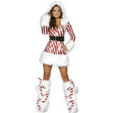 New Arrival Christmas Dress Women Christmas Costume For Adult Striped Velvet Fur Dresses Hooded Sexy Female Santa Claus Costume