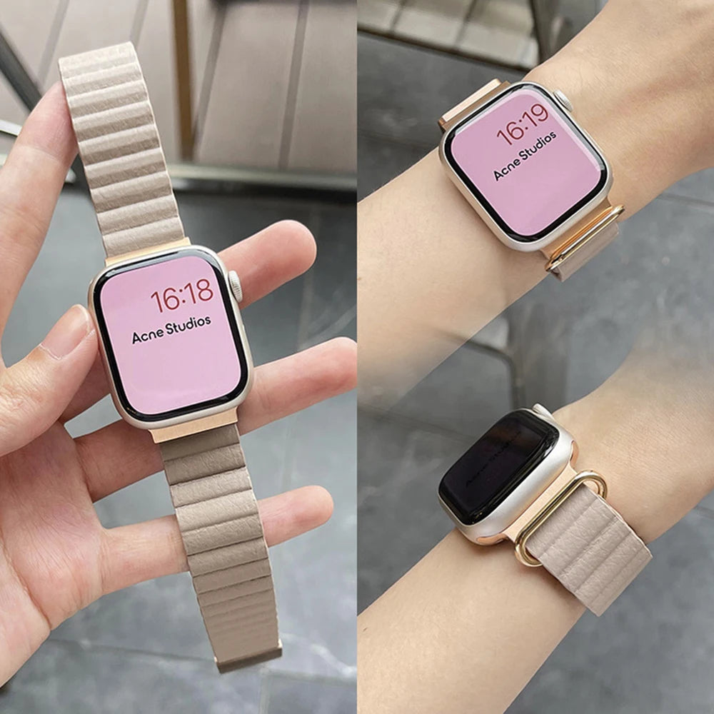 Magnetic Leather Band For Apple Watch 44mm 45mm 49mm 40mm 41mm 42mm 38mm Metal Stainless Steel Strap For iwatch 8 7 SE 6 5 4 3 2
