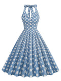 1950s Style Polka Dot Rockabilly Cotton Dresses Women Halter Button Up Party Evening Backless Pockets Vintage Dress