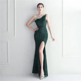 Sexy Slit Feater Evening Dress Women Slash Neck Sequin Party Maxi Dress Long Prom Dress