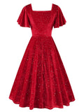 Elegant Women Vintage Velvet A Line Flare Party Dress Prom Gown Green Black Red Short Sleeve High Waist Birthday Dress for Women