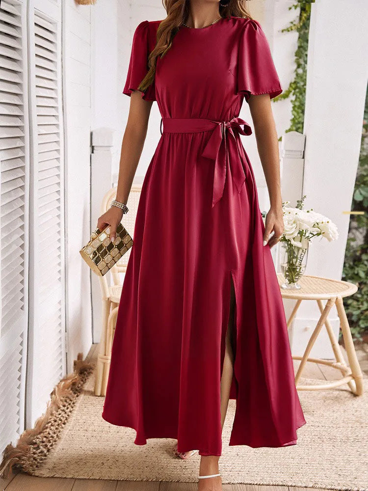 2024 Summer Solid High Split Casual Midi Long Party Dress with Belt Elegant Holiday Beach Birthday Dress for Women