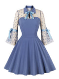 Bow Neck Dotted Mesh Sleeve Vintage A-Line Mini Dresses for Women Autumn Elegant Evening Party Pocket Dress
