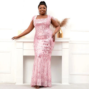 Plus Size Square Neck Pink Sequin Evening Dress Sexy Party Maxi Dress Women Beading Dress Long Prom Dress
