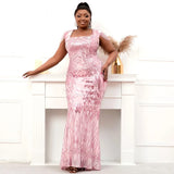 Plus Size Square Neck Pink Sequin Evening Dress Sexy Party Maxi Dress Women Beading Dress Long Prom Dress