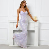 Women Lavender Color Strap Sequin Dress Party Maxi Dress Sexy V Neck Evening Long Prom Dress