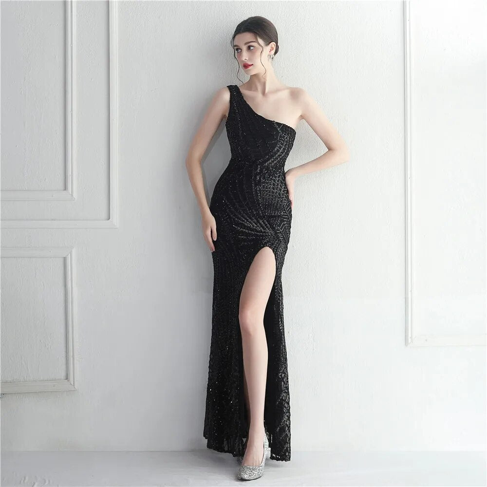 Sexy Slit Green Sequin Women Slash Neck Long Evening Dress Party Maxi Dress