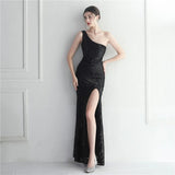 Sexy Slit Green Sequin Women Slash Neck Long Evening Dress Party Maxi Dress