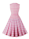 Buttons Front High Waist Pink Plaid Dress Christmas Evening Party Wear Women Sleeveless Rockabilly Vintage Dress