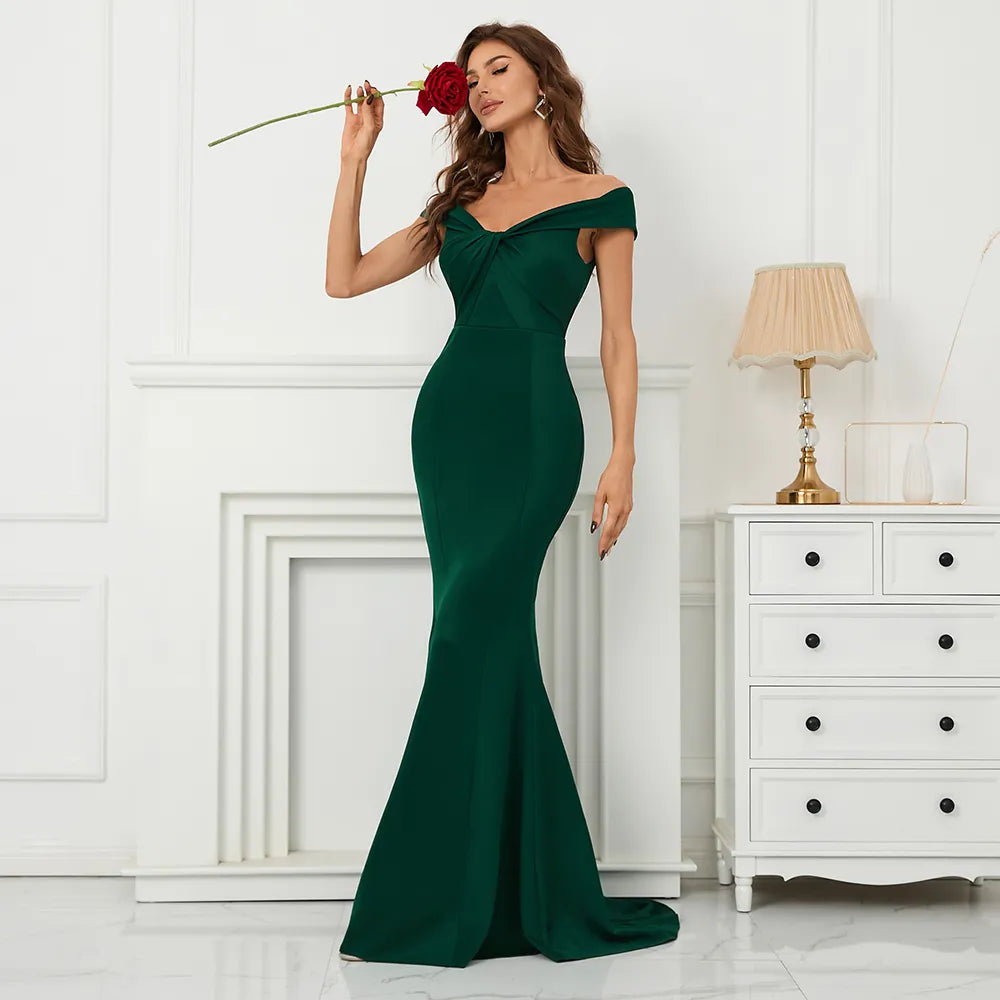 Soft Satin Green Long Evening Elegant Off Shoulder Party Maxi Long Wedding Dress