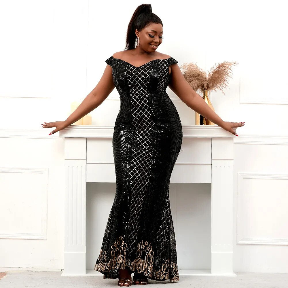 Plus Size Women Off Shoulder Black Gold Sequin Evening Dress Elegant Boat Neck Party Maxi Dress Long Prom Dress
