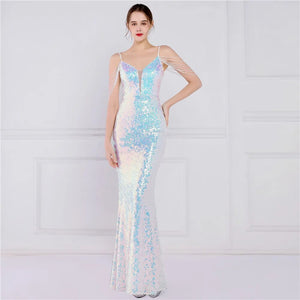 Women Strap Party Maxi Dress Sexy V Neck Beading Evening Celebrity White Sequin Long Prom Dress