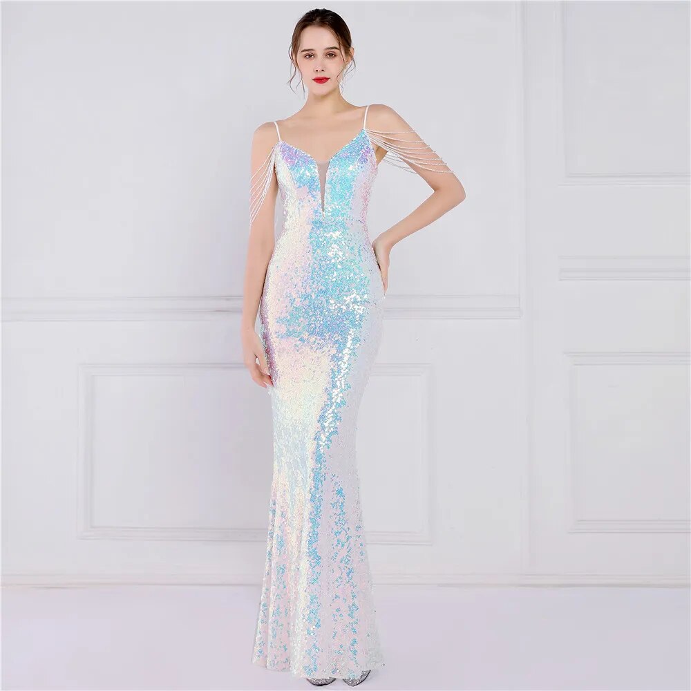 Women Strap Party Maxi Dress Sexy V Neck Beading Evening Dress Celebrity Green Sequin Long Prom Dress