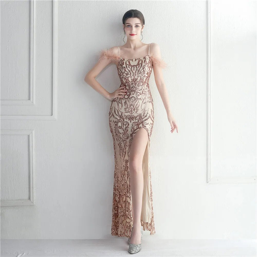 Sexy Slit Long Sequin Evening Dresses Luxury Feather Stretch Sleeveless Cocktail Party Prom Dress