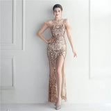 Sexy Slit Long Sequin Evening Dresses Luxury Feather Stretch Sleeveless Cocktail Party Prom Dress